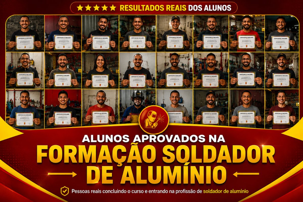 Alunos aprovados na formação de soldador de alumínio segurando seus certificados