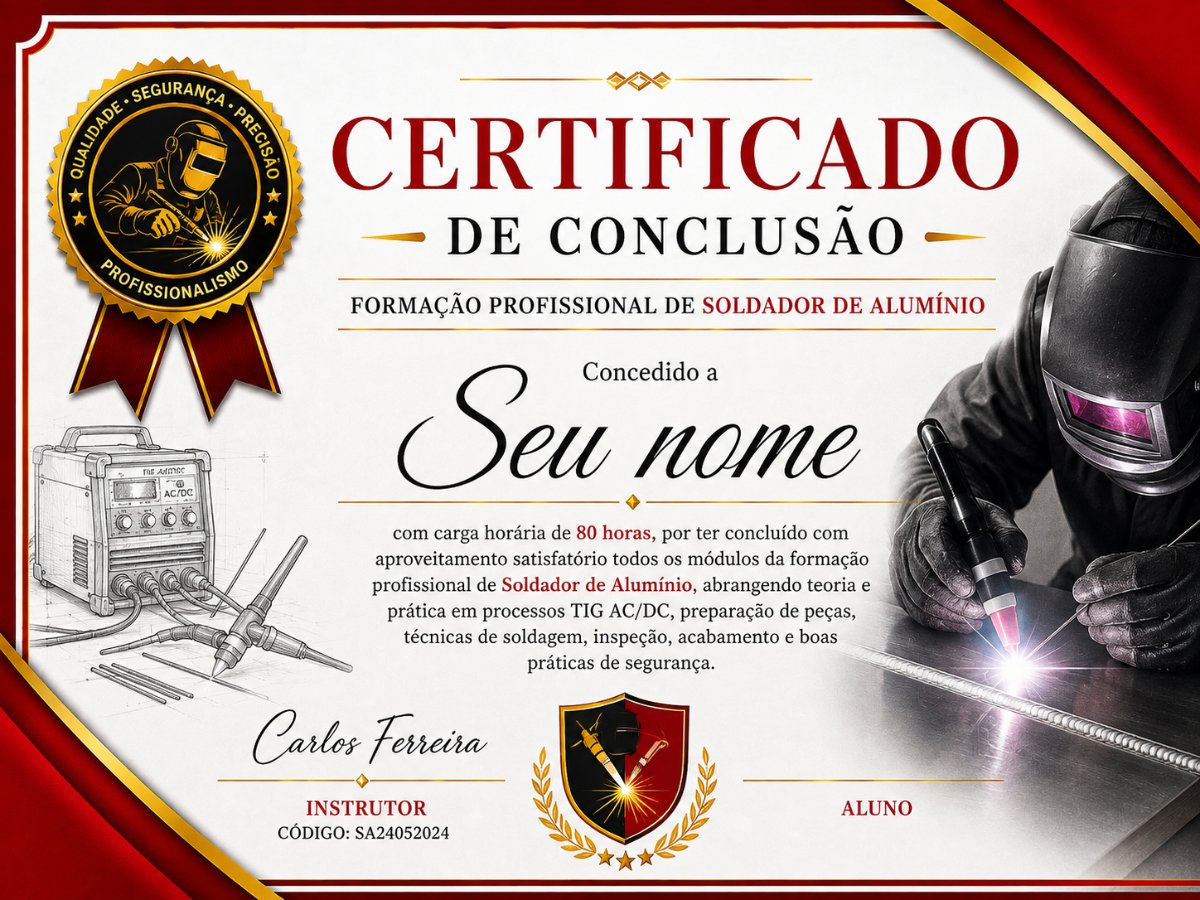 Certificado de conclusão da formação profissional de soldador de alumínio