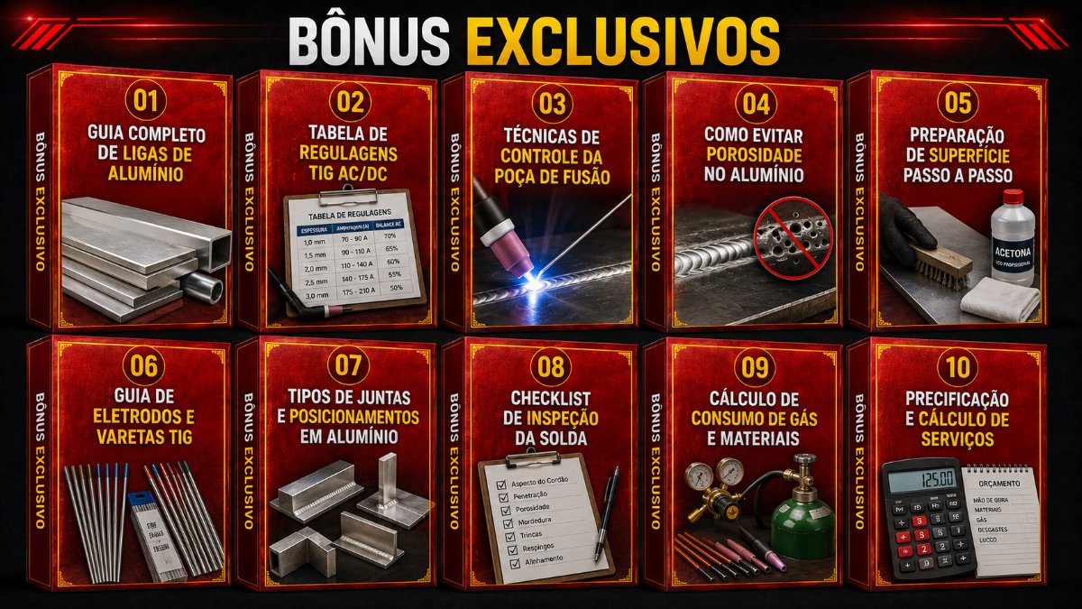 Bônus exclusivos do curso: guias, tabelas e checklists de solda de alumínio